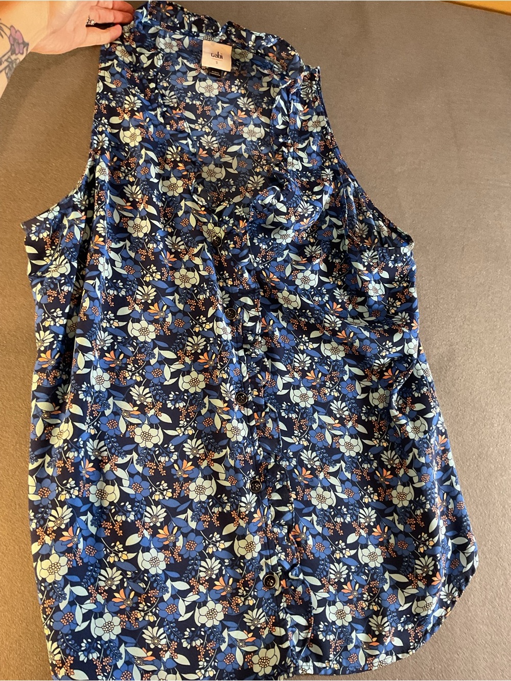 CAbi Navy Blue Floral Button-Front Sleeveless Blouse